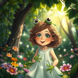 A whimsical scene depicting a young girl in a lush, enchanted forest who is mid-transformation into a vibrant green frog