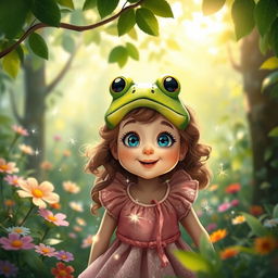 A whimsical scene depicting a young girl in a lush, enchanted forest who is mid-transformation into a vibrant green frog