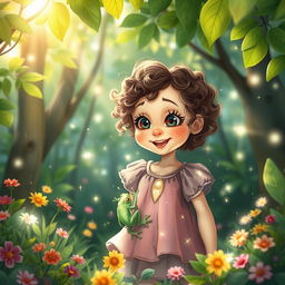 A whimsical scene depicting a young girl in a lush, enchanted forest who is mid-transformation into a vibrant green frog