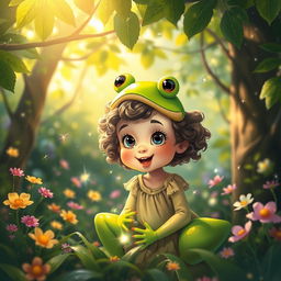 A whimsical scene depicting a young girl in a lush, enchanted forest who is mid-transformation into a vibrant green frog