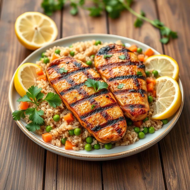 A beautifully styled plate of grilled chicken kabsa, served with long-grain brown rice cooked with peas and diced carrots