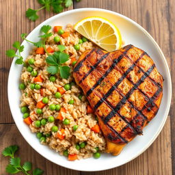 A beautifully styled plate of grilled chicken kabsa, served with long-grain brown rice cooked with peas and diced carrots