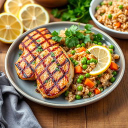 A beautifully styled plate of grilled chicken kabsa, served with long-grain brown rice cooked with peas and diced carrots