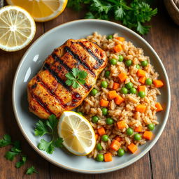 A beautifully styled plate of grilled chicken kabsa, served with long-grain brown rice cooked with peas and diced carrots