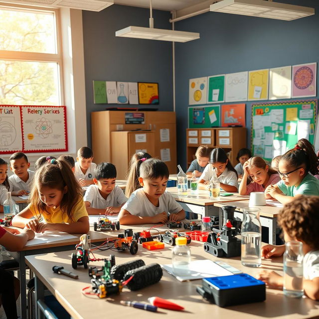 A vibrant classroom filled with enthusiastic students working on various STEM (Science, Technology, Engineering, Mathematics) projects