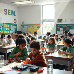 A vibrant classroom filled with enthusiastic students working on various STEM (Science, Technology, Engineering, Mathematics) projects