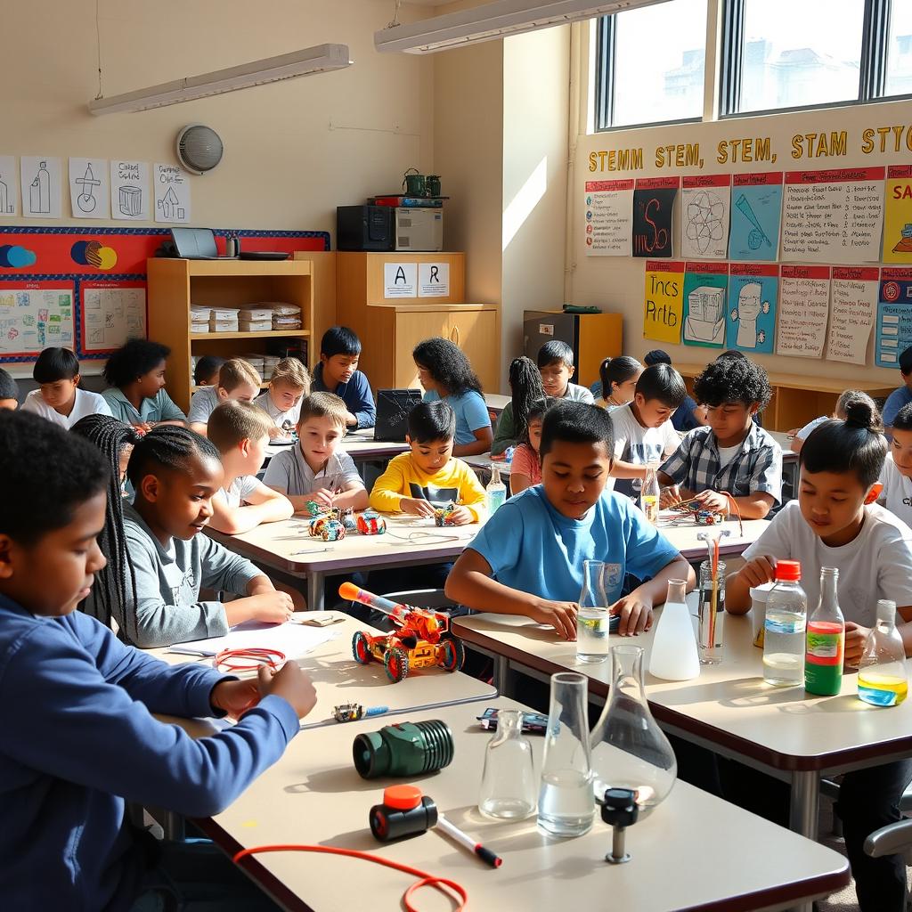 A vibrant classroom filled with enthusiastic students working on various STEM (Science, Technology, Engineering, Mathematics) projects