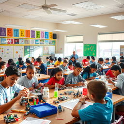 A vibrant classroom filled with enthusiastic students working on various STEM (Science, Technology, Engineering, Mathematics) projects