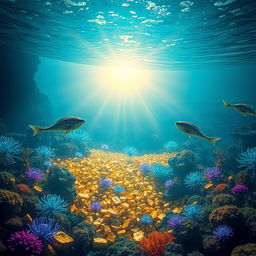 A captivating digital artwork depicting a vast underwater scene teeming with vibrant marine life and astonishing extraterrestrial features