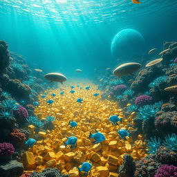 A captivating digital artwork depicting a vast underwater scene teeming with vibrant marine life and astonishing extraterrestrial features