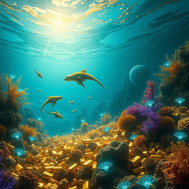 A captivating digital artwork depicting a vast underwater scene teeming with vibrant marine life and astonishing extraterrestrial features