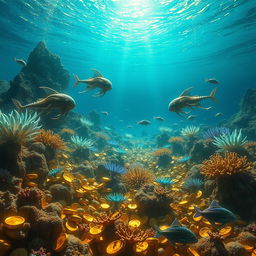 A captivating digital artwork depicting a vast underwater scene teeming with vibrant marine life and astonishing extraterrestrial features