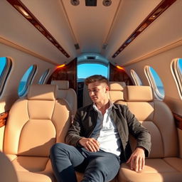 A stylish 21-year-old man sitting comfortably inside a luxurious private jet, dressed in a sophisticated yet casual outfit