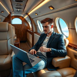 A stylish 21-year-old man sitting comfortably inside a luxurious private jet, dressed in a sophisticated yet casual outfit