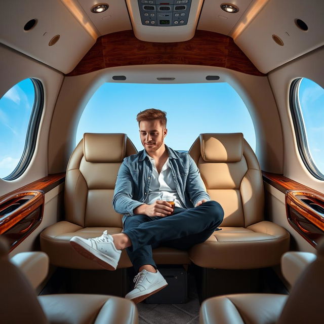 A stylish 21-year-old man sitting comfortably inside a luxurious private jet, dressed in a sophisticated yet casual outfit