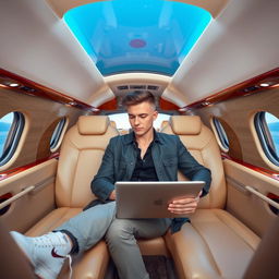 A stylish 21-year-old man sitting comfortably inside a luxurious private jet, dressed in a sophisticated yet casual outfit