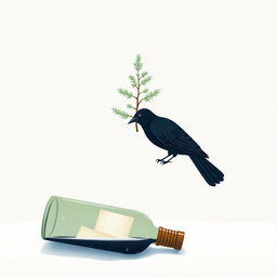 A serene winter scene featuring a tilted bottle at the bottom of the page, half-opened with a piece of paper visible inside, creating the impression it is precariously on the edge