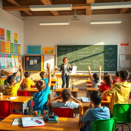 A vibrant and engaging classroom scene, featuring a diverse group of students sitting at their desks, actively participating in a lesson
