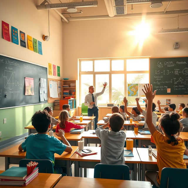 A vibrant and engaging classroom scene, featuring a diverse group of students sitting at their desks, actively participating in a lesson