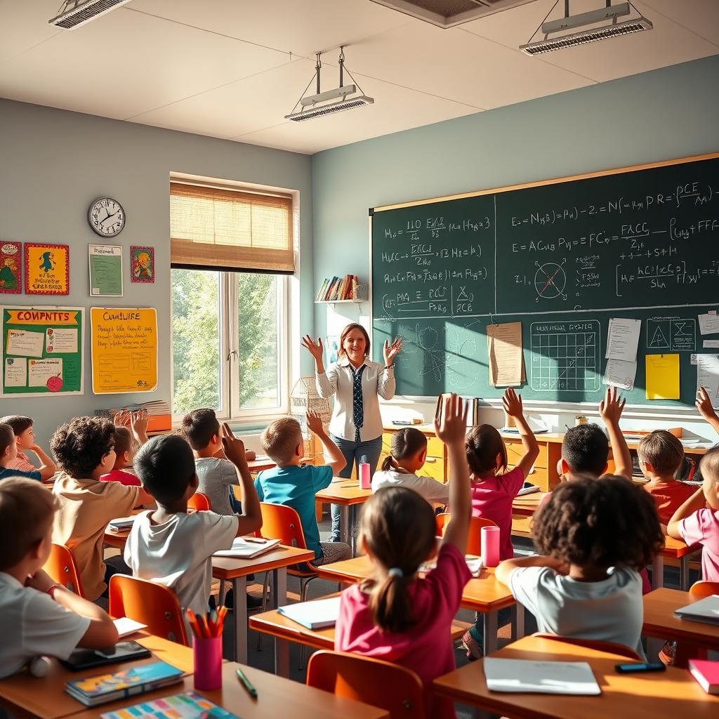 A vibrant and engaging classroom scene, featuring a diverse group of students sitting at their desks, actively participating in a lesson