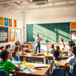 A vibrant and engaging classroom scene, featuring a diverse group of students sitting at their desks, actively participating in a lesson
