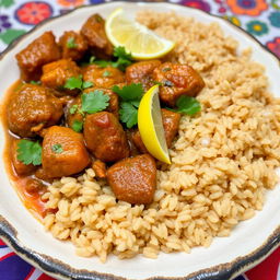 A vibrant and delicious plate of shakriya, a traditional Middle Eastern dish, served alongside a generous portion of fluffy brown rice