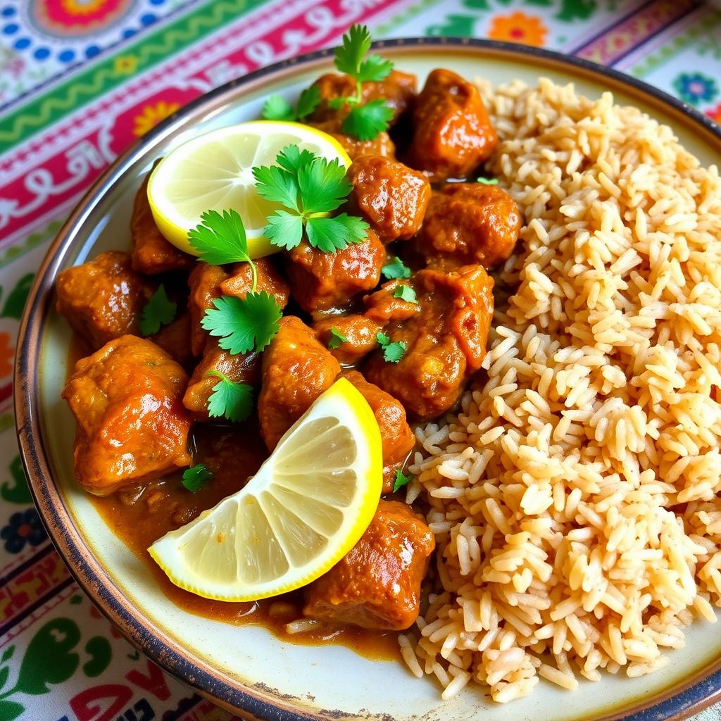 A vibrant and delicious plate of shakriya, a traditional Middle Eastern dish, served alongside a generous portion of fluffy brown rice