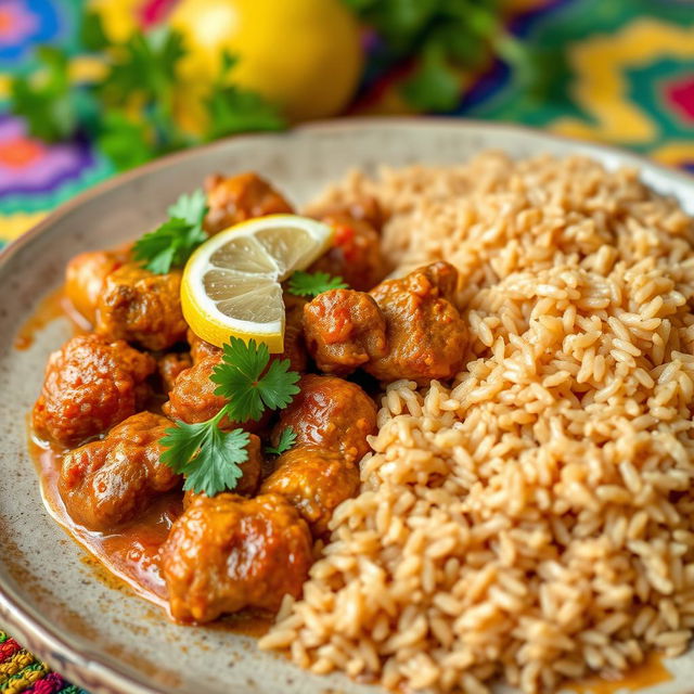 A vibrant and delicious plate of shakriya, a traditional Middle Eastern dish, served alongside a generous portion of fluffy brown rice