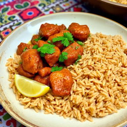 A vibrant and delicious plate of shakriya, a traditional Middle Eastern dish, served alongside a generous portion of fluffy brown rice