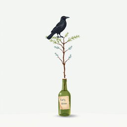 A tranquil winter scene featuring a tilted bottle at the bottom of the page, half-opened with a piece of paper peeking out, creating the impression that it is precariously balancing on the edge