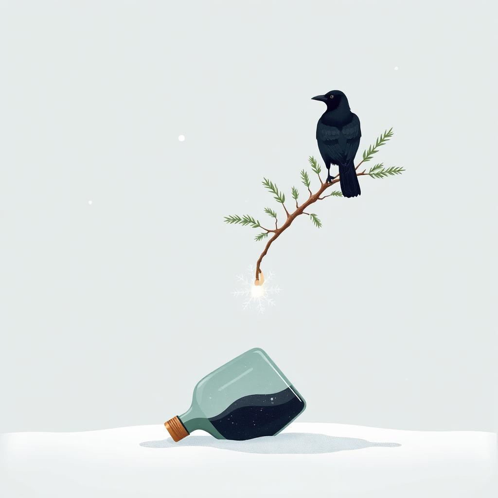 A tranquil winter scene featuring a tilted bottle at the bottom of the page, half-opened with a piece of paper peeking out, creating the impression that it is precariously balancing on the edge