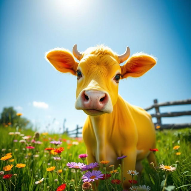 A charming yellow cow standing in a lush green pasture under a bright blue sky