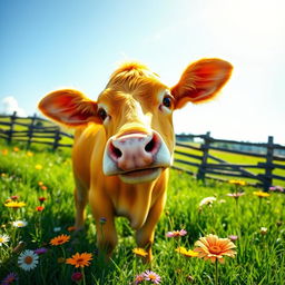 A charming yellow cow standing in a lush green pasture under a bright blue sky