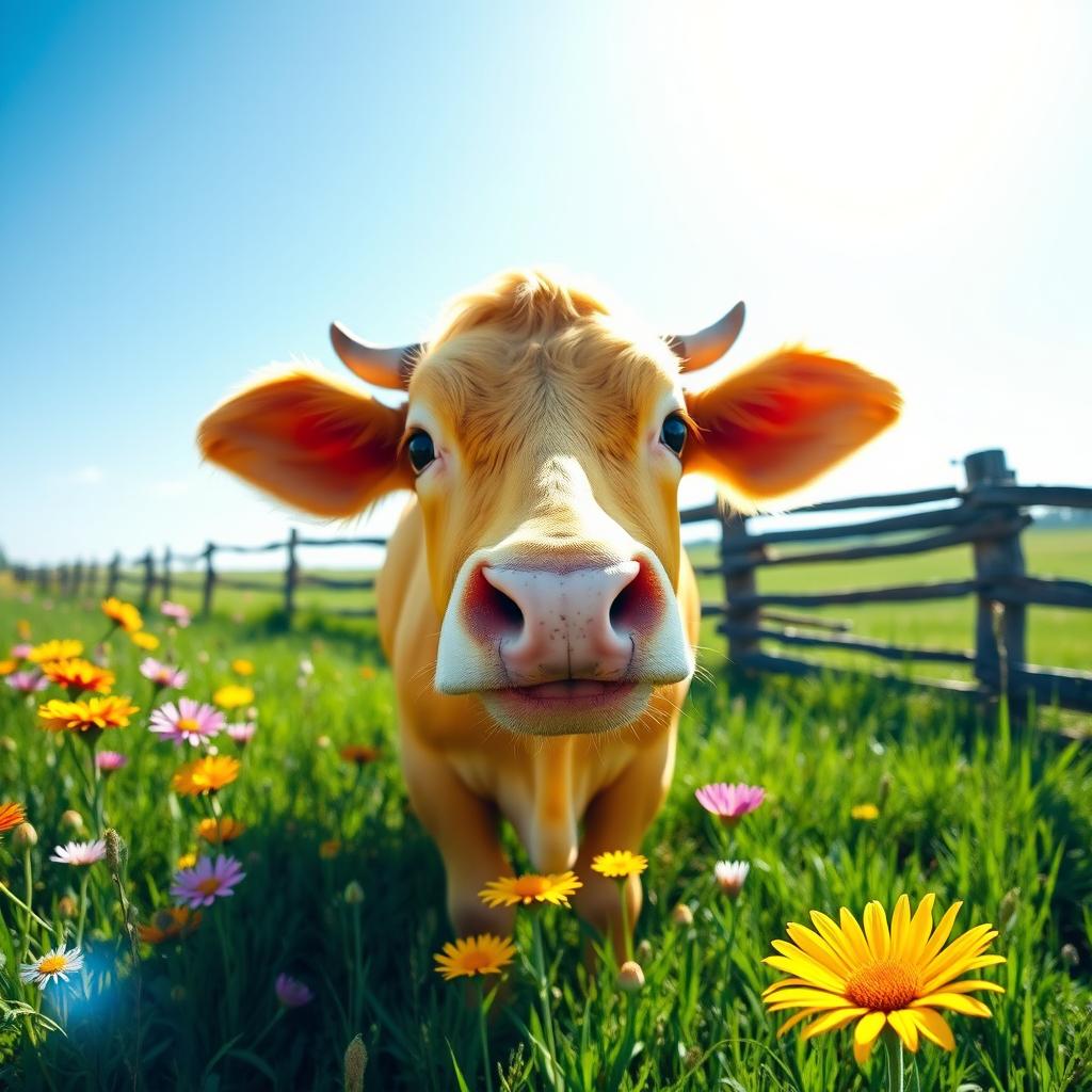 A charming yellow cow standing in a lush green pasture under a bright blue sky