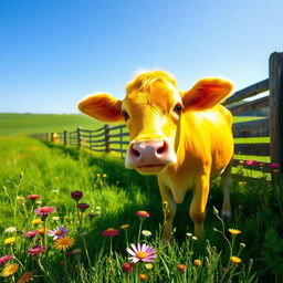 A charming yellow cow standing in a lush green pasture under a bright blue sky