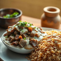 A detailed still life of a traditional Arabic dish, featuring shakiriyah, which is made of finely sliced lamb, beautifully arranged in a rich, creamy yogurt sauce topped with a sprinkle of fresh herbs
