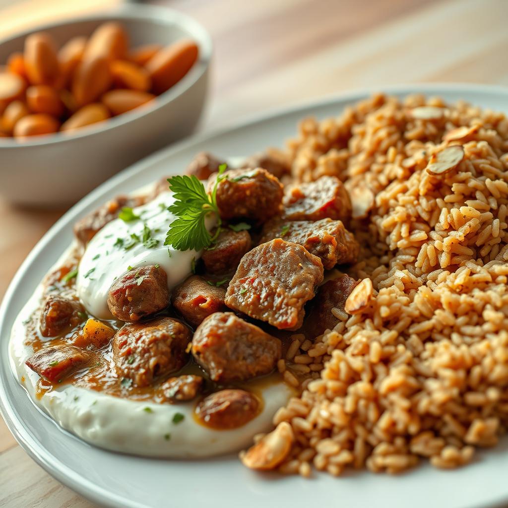 A detailed still life of a traditional Arabic dish, featuring shakiriyah, which is made of finely sliced lamb, beautifully arranged in a rich, creamy yogurt sauce topped with a sprinkle of fresh herbs