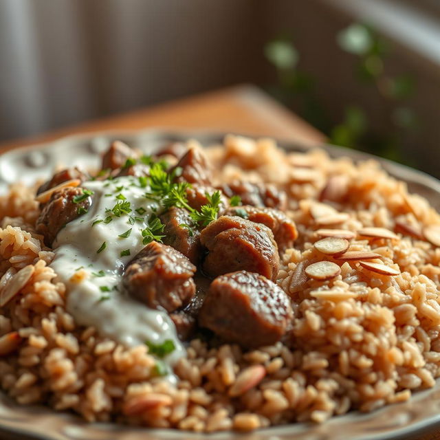 A detailed still life of a traditional Arabic dish, featuring shakiriyah, which is made of finely sliced lamb, beautifully arranged in a rich, creamy yogurt sauce topped with a sprinkle of fresh herbs