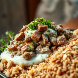 A detailed still life of a traditional Arabic dish, featuring shakiriyah, which is made of finely sliced lamb, beautifully arranged in a rich, creamy yogurt sauce topped with a sprinkle of fresh herbs