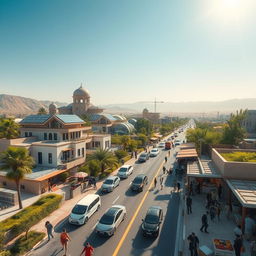 A futuristic view of Sistan, Iran, ten years from now, showcasing modern architecture blended with traditional Persian elements