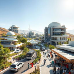 A futuristic view of Sistan, Iran, ten years from now, showcasing modern architecture blended with traditional Persian elements