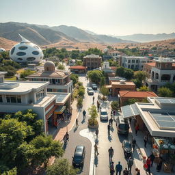 A futuristic view of Sistan, Iran, ten years from now, showcasing modern architecture blended with traditional Persian elements