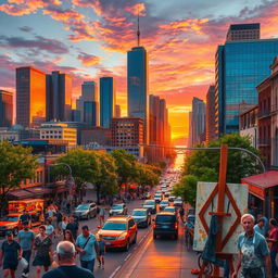 A colorful and vibrant cityscape at sunset, featuring sweeping views of tall skyscrapers reflecting warm oranges, pinks and purples in the sky