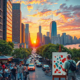 A colorful and vibrant cityscape at sunset, featuring sweeping views of tall skyscrapers reflecting warm oranges, pinks and purples in the sky