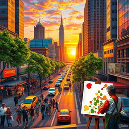 A colorful and vibrant cityscape at sunset, featuring sweeping views of tall skyscrapers reflecting warm oranges, pinks and purples in the sky