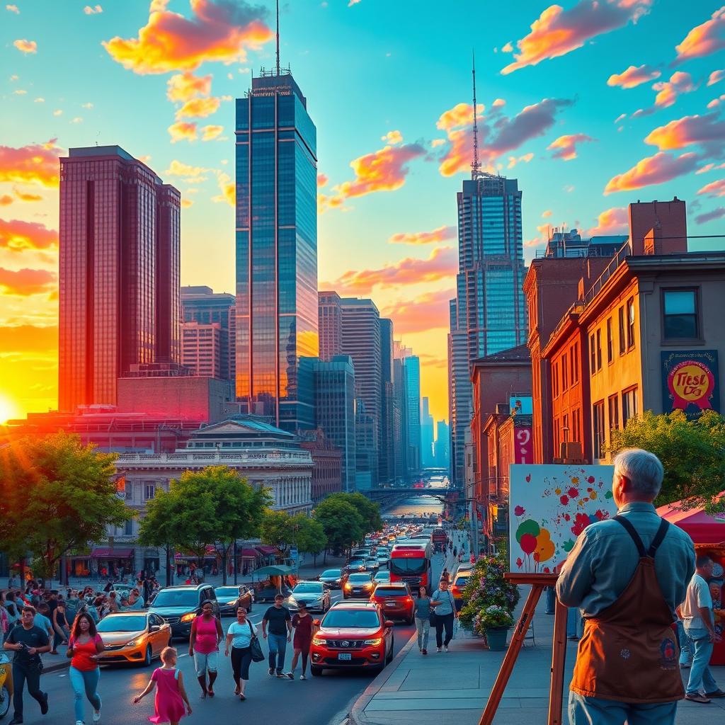 A colorful and vibrant cityscape at sunset, featuring sweeping views of tall skyscrapers reflecting warm oranges, pinks and purples in the sky