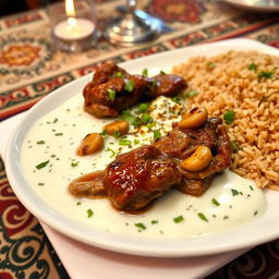 A delicious plate of cooked meat in yogurt sauce, presented beautifully next to a serving of brown rice