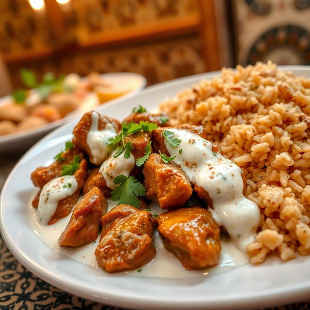 A delicious plate of cooked meat in yogurt sauce, presented beautifully next to a serving of brown rice