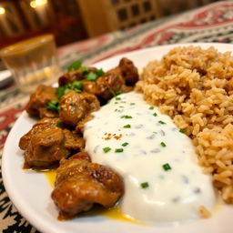 A delicious plate of cooked meat in yogurt sauce, presented beautifully next to a serving of brown rice