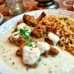 A delicious plate of cooked meat in yogurt sauce, presented beautifully next to a serving of brown rice